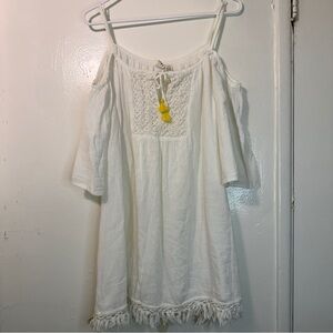 Roxy White Boho Crochet Cold Shoulder Mini Dress with Tassels